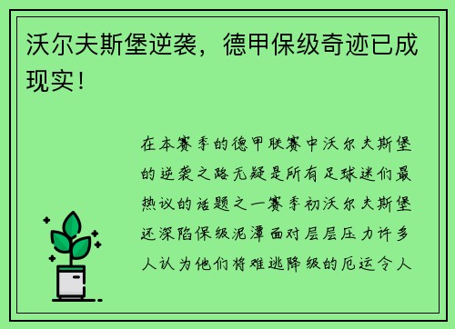 沃尔夫斯堡逆袭，德甲保级奇迹已成现实！